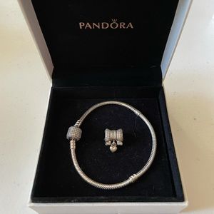 Pandora Moments Pave Snake Chain Bracelet & Pave Bow and Heart Charm New in Box